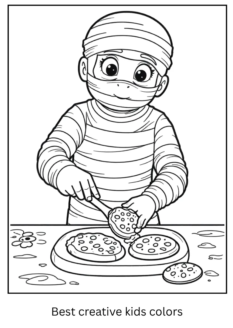 Mummy Baking Cookies Halloween Coloring Page