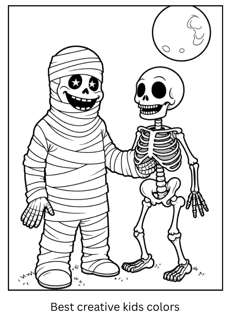 Mummy and Skeleton Friends Coloring Sheet