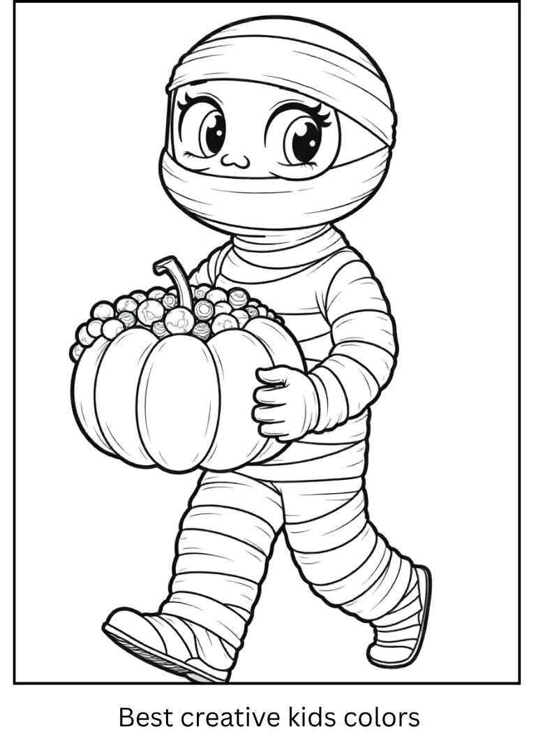 Mummy with Pumpkin Halloween Coloring Page