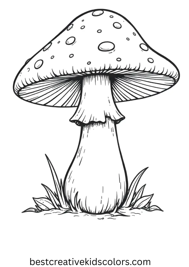 Hippie mushroom coloring page easy shows a mushroom with smiling flower companions.