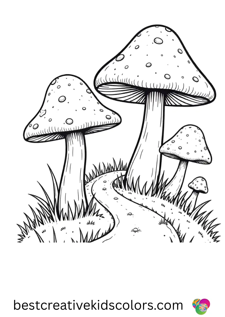 Mushroom Coloring ideas feature mushrooms forming a spiral path in a small grassy field.