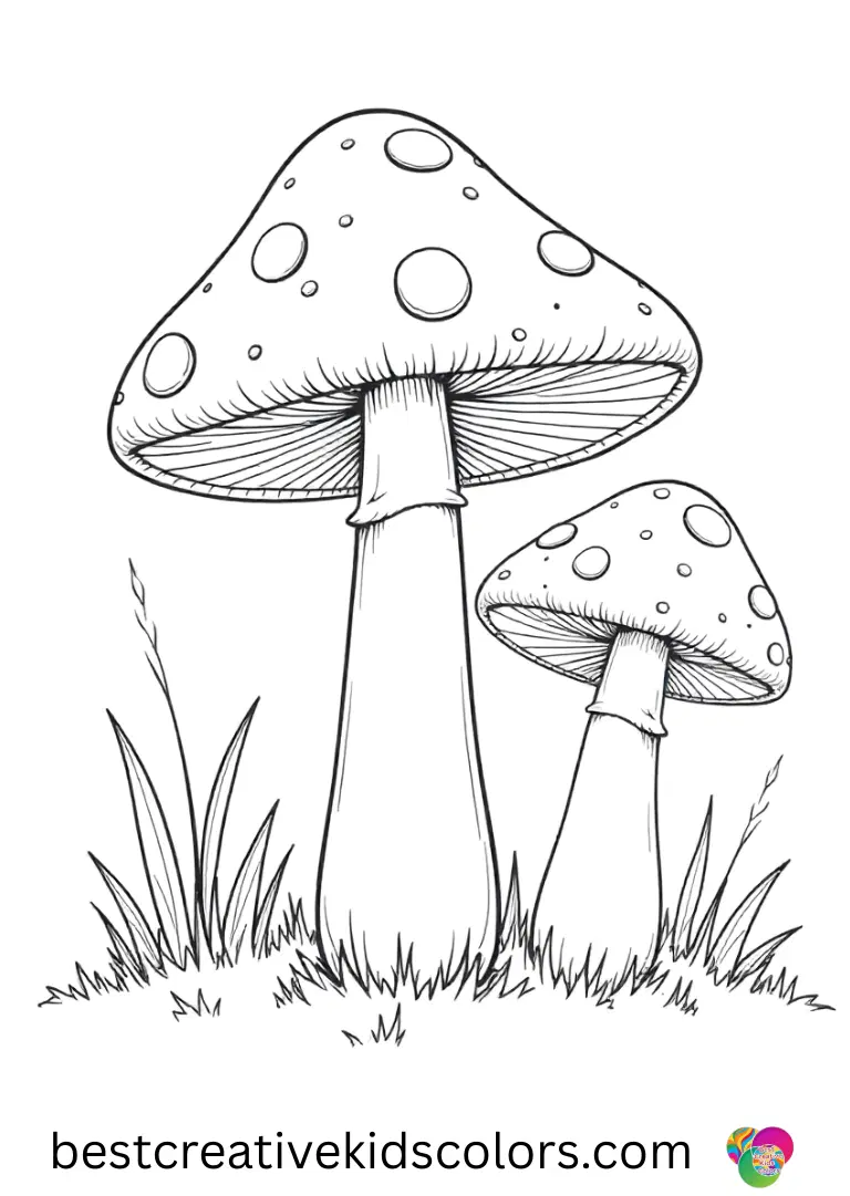 Mushroom Coloring pages colored display mushrooms painted with bright polka dots in an open meadow.