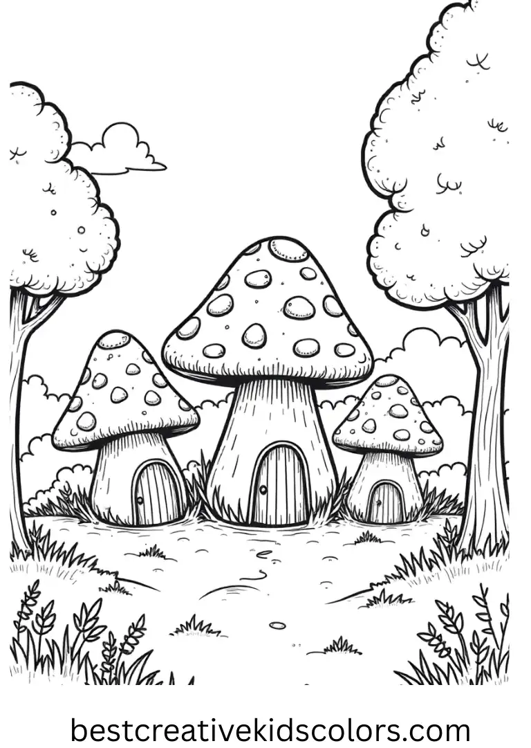Mushroom House Coloring ideas show multiple mushroom homes in a bright forest village.