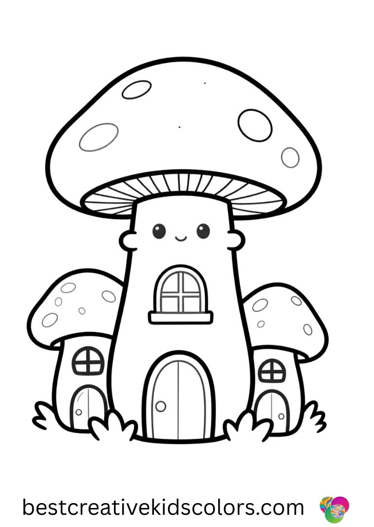 Mushroom city coloring page easy shows a simple mushroom city under bright sunlight.