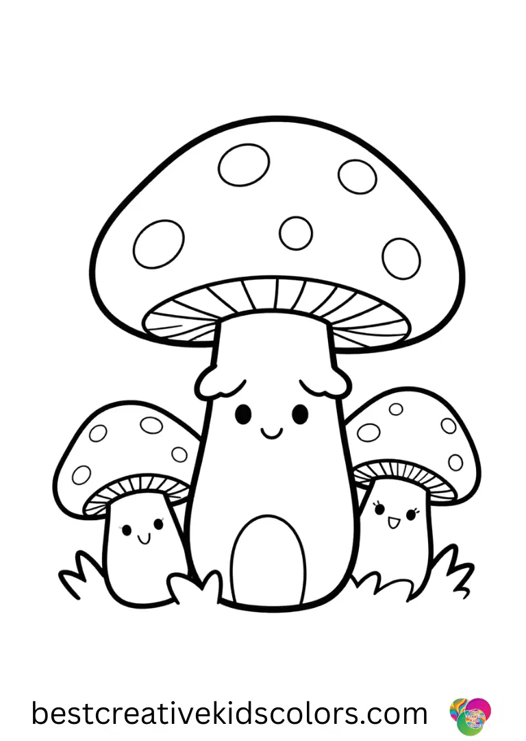 Children explore mushroom city coloring page free download with smiling mushroom homes.