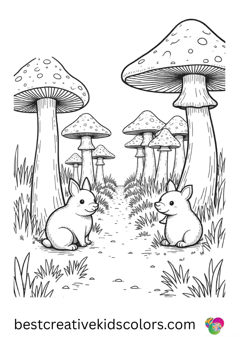 Mushroom city coloring page pdf free download shows animals exploring mushroom streets.
