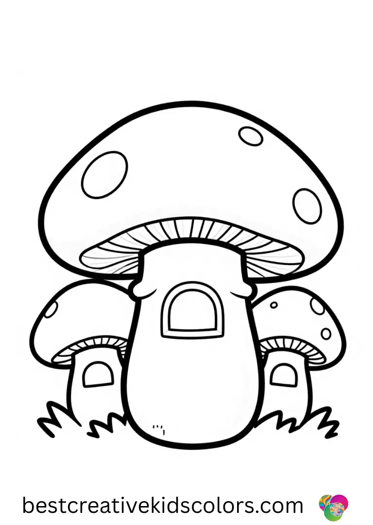 Mushroom city coloring page pdf depicts mushroom-shaped buildings with windows.