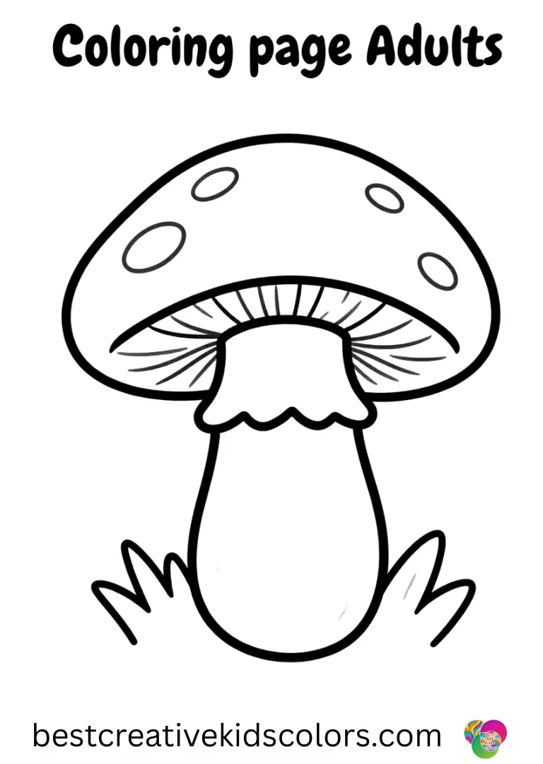 Mushroom coloring page for Adults shows a single mushroom with textured cap patterns under sunlight.