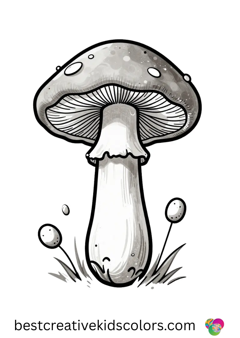 Mushroom diagram biology illustrates a mushroom surrounded by gently hovering spores.