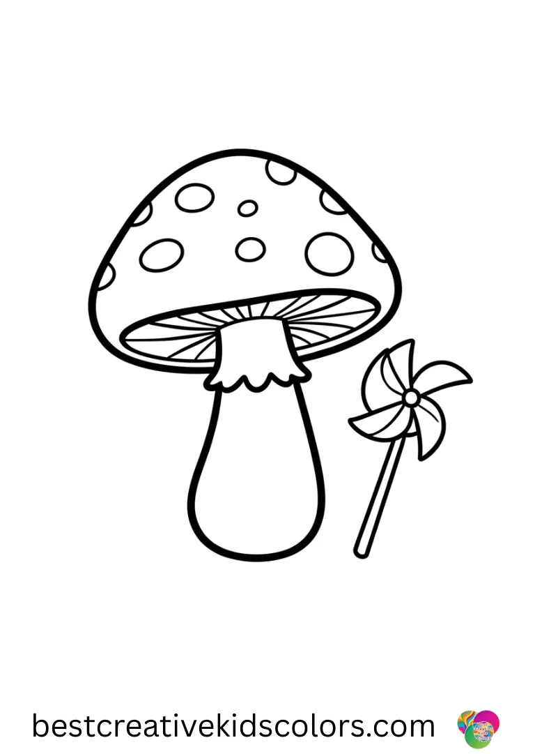 Mushroom drawing Easy features a mushroom with a tiny spinning pinwheel beside it.