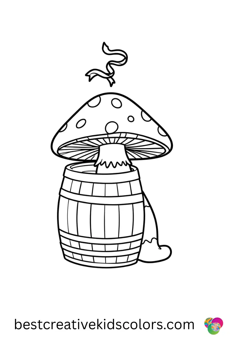 Mushroom drawing with colour depicts a mushroom with a tiny floating ribbon swirling above.