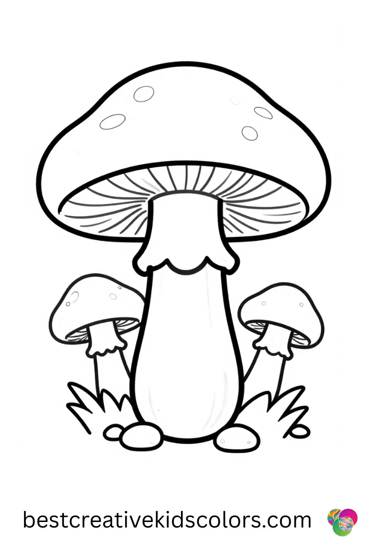 Mushroom forest coloring page easy shows a mushroom with small stones around it.