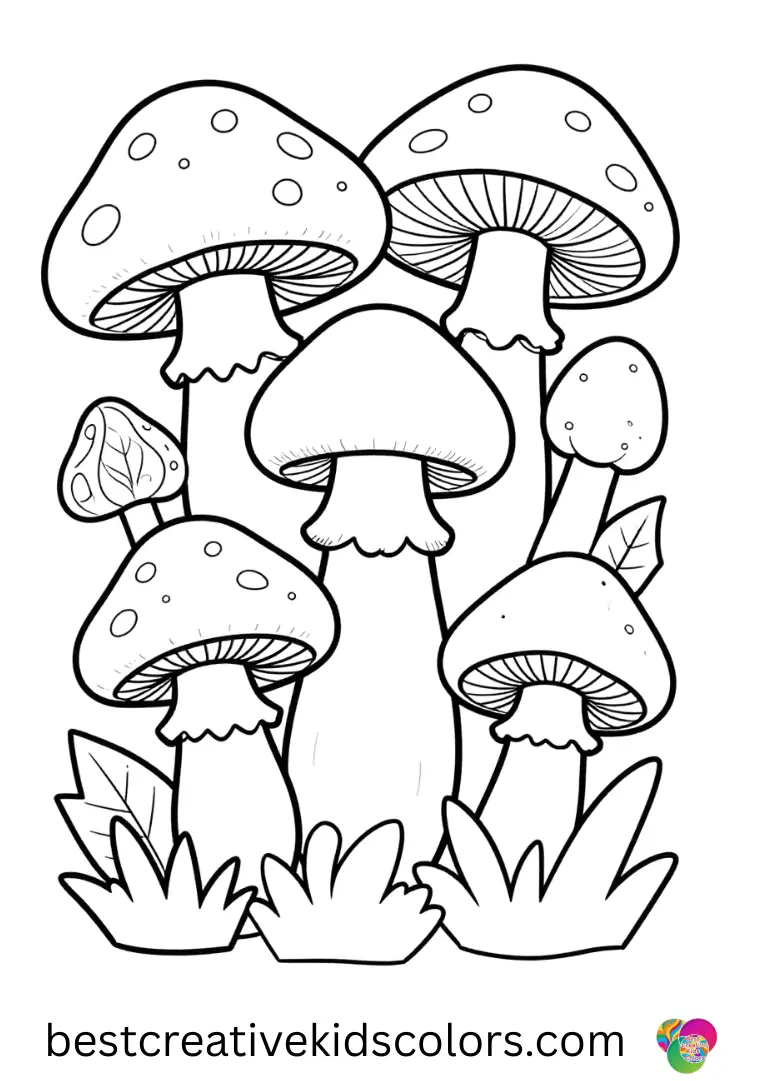 Mushroom forest coloring page for adults shows detailed mushrooms with leaf textures.