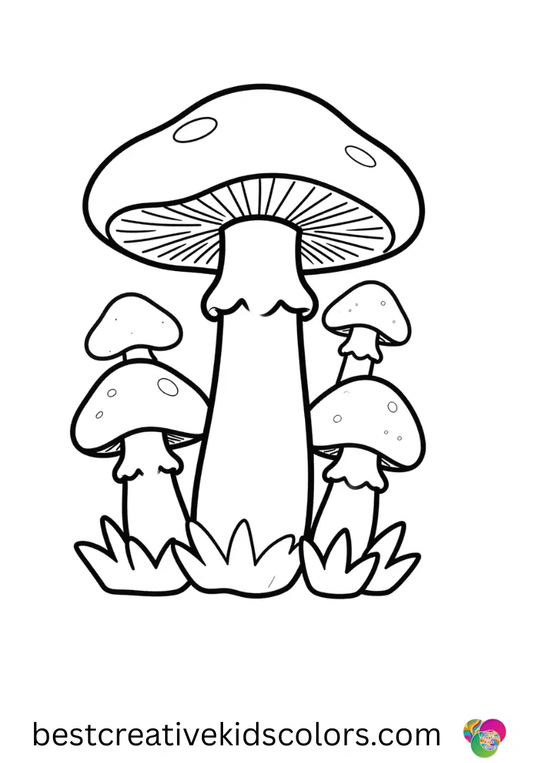 Mushroom forest coloring page free shows mushrooms in a quiet forest clearing.