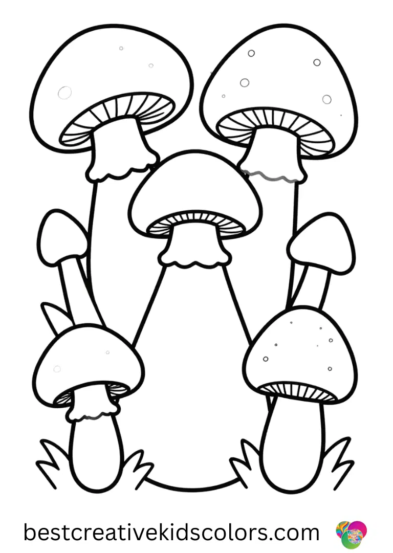 Mushrooms of various shapes appear in mushroom forest coloring page pdf.