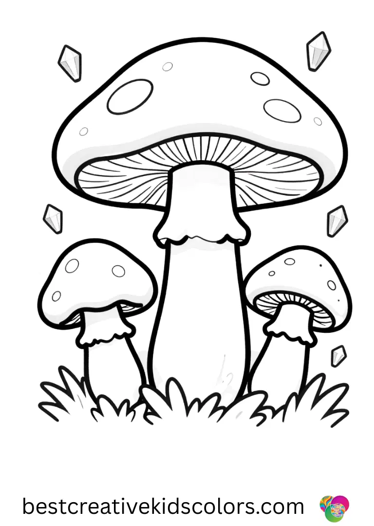 Mushroom garden Coloring pages display mushrooms beside small floating crystals in a sunny meadow.