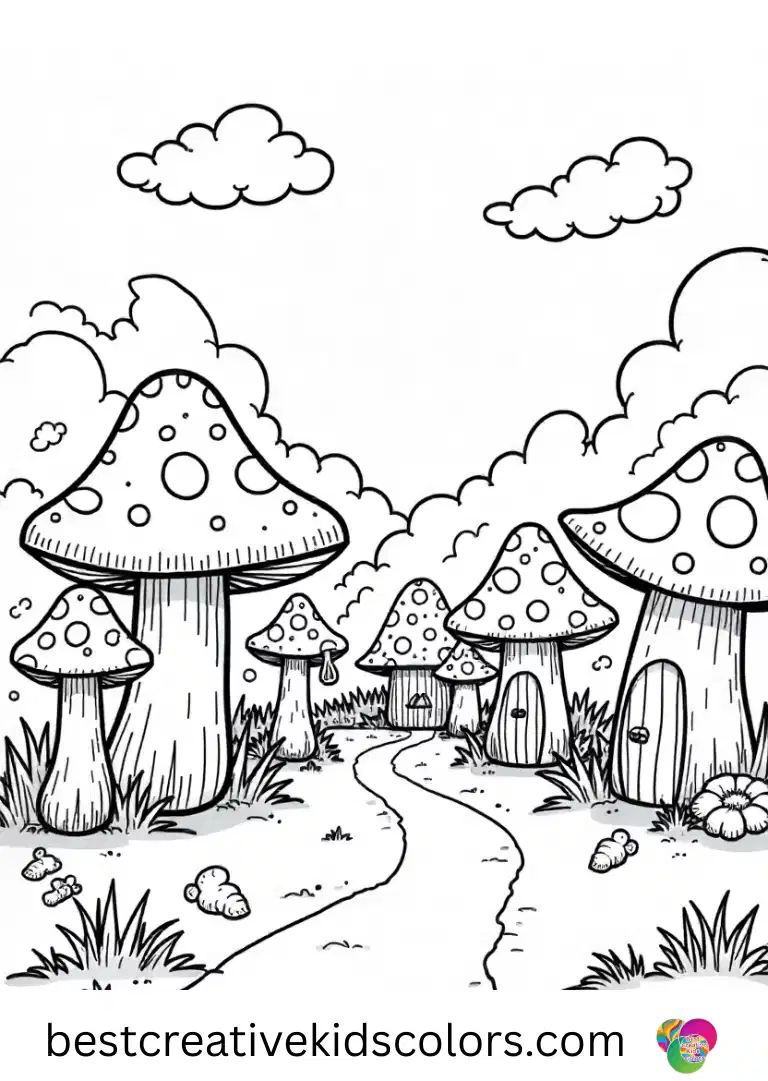 Mushroom village coloring page free shows a small village of colorful mushroom homes.
