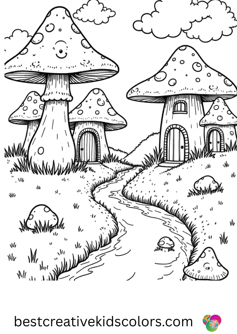 Mushrooms grow along a stream in mushroom village coloring page pdf free download.