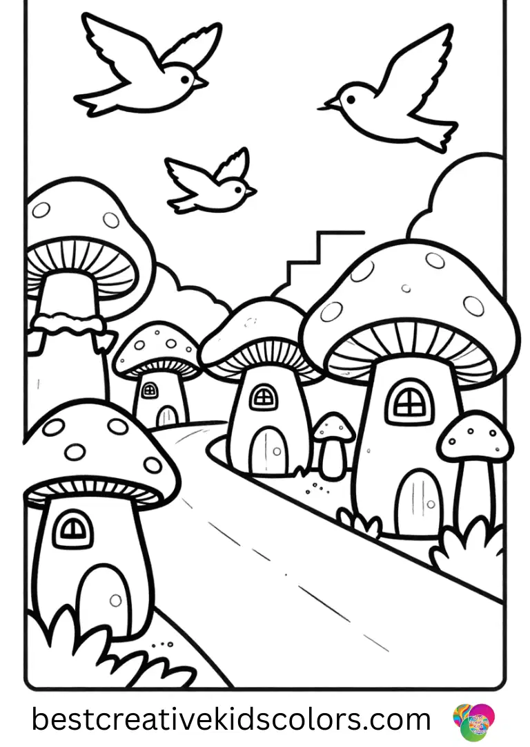 Birds fly above mushroom village coloring page pdf free with tiny mushroom streets.
