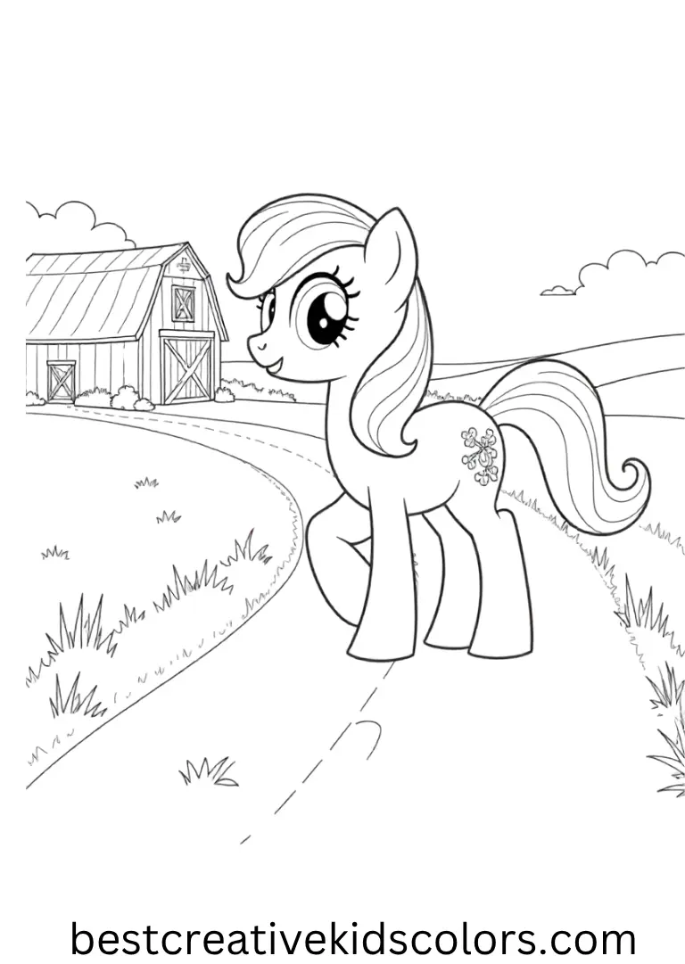 Applejack walks by a barn and wide-open fields!
