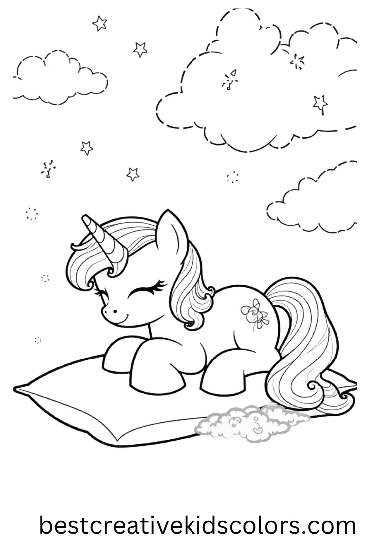 A sleepy pony rests on a pillow under dreamy night clouds!