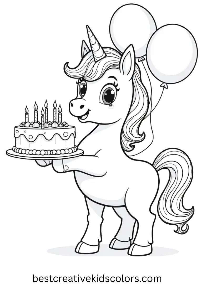 A party pony holds a big birthday cake and colorful balloons!