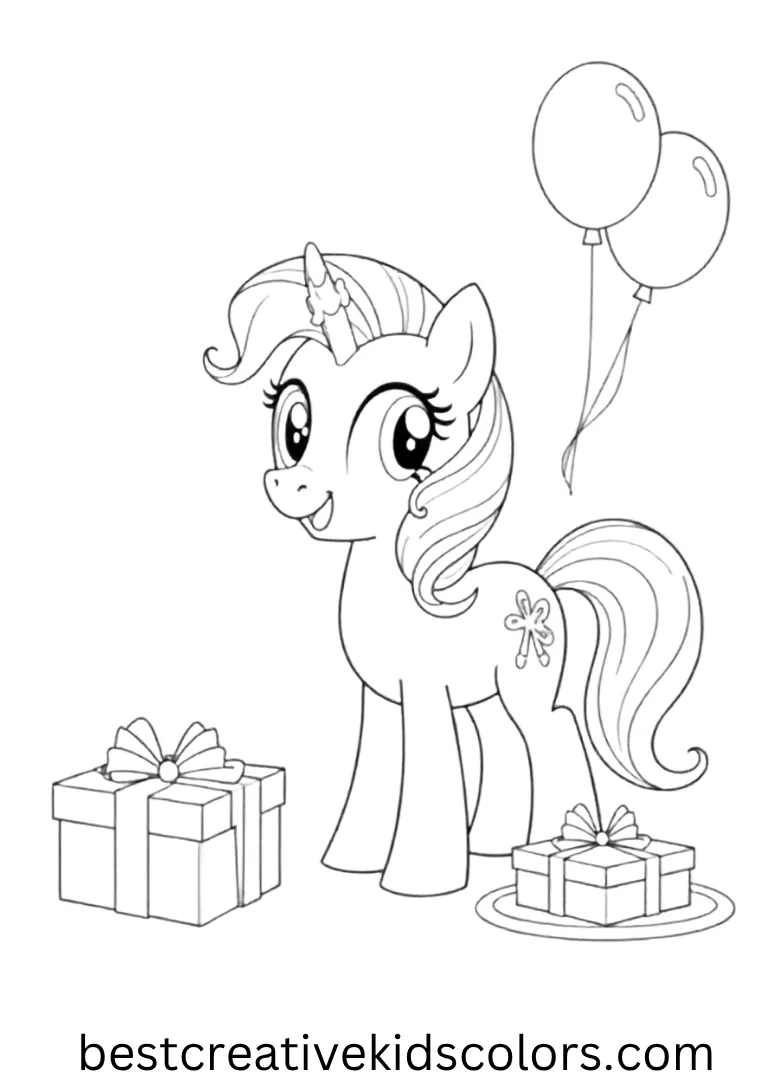 A pony stands with gifts, balloons, and a festive cake!