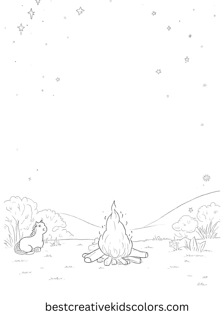 A pony sits by a campfire under a starry night sky!