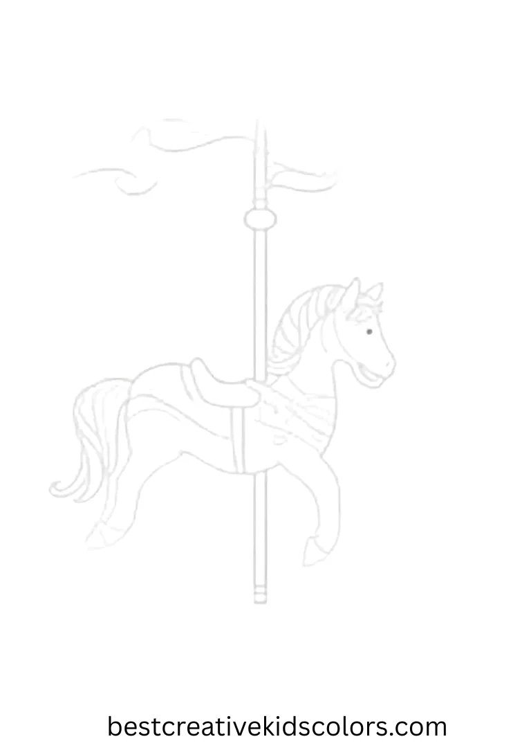 A pony rides a carousel with ribbons swirling around!