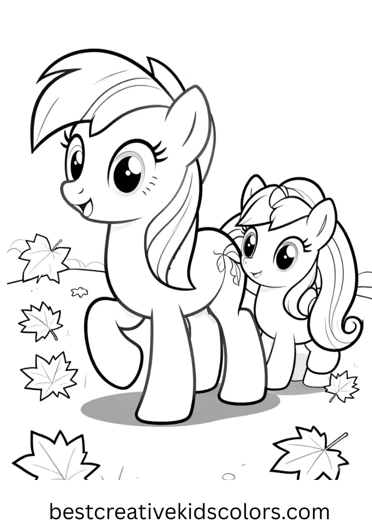 My Little Pony Coloring pages Equestria shows ponies racing colorful leaves across a field.