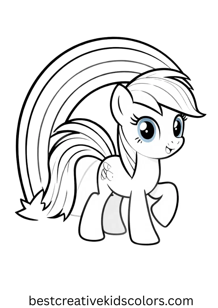 Rainbow Dash soars through a sparkling rainbow tunnel in My Little Pony Coloring pages Rainbow Dash.