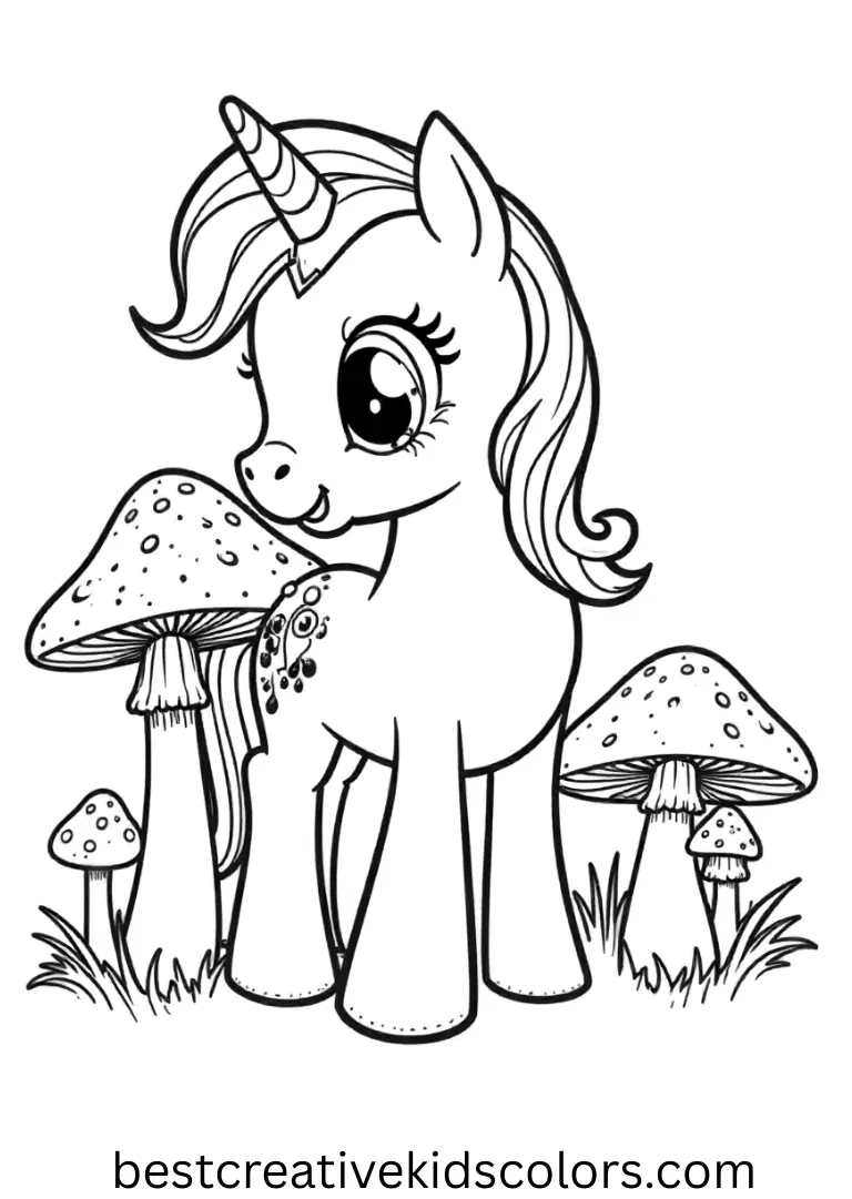 A pony discovers glowing mushrooms in a forest in My Little Pony Colouring Book.