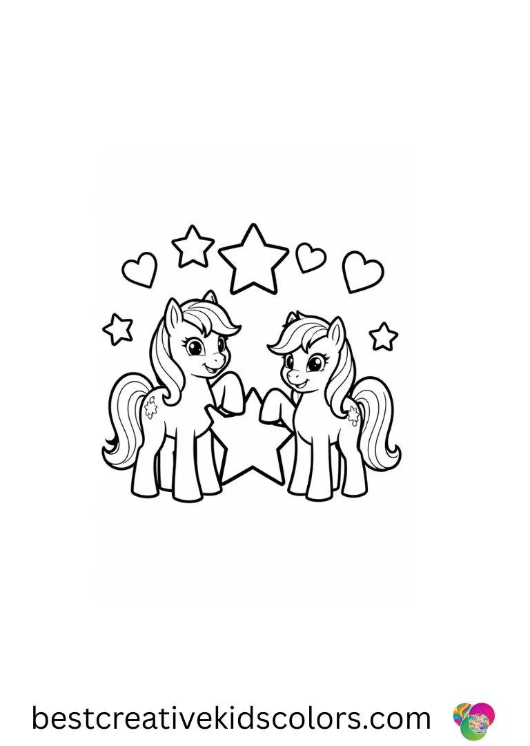 Ponies decorate simple stars and hearts in My Little Pony Colouring Pages.