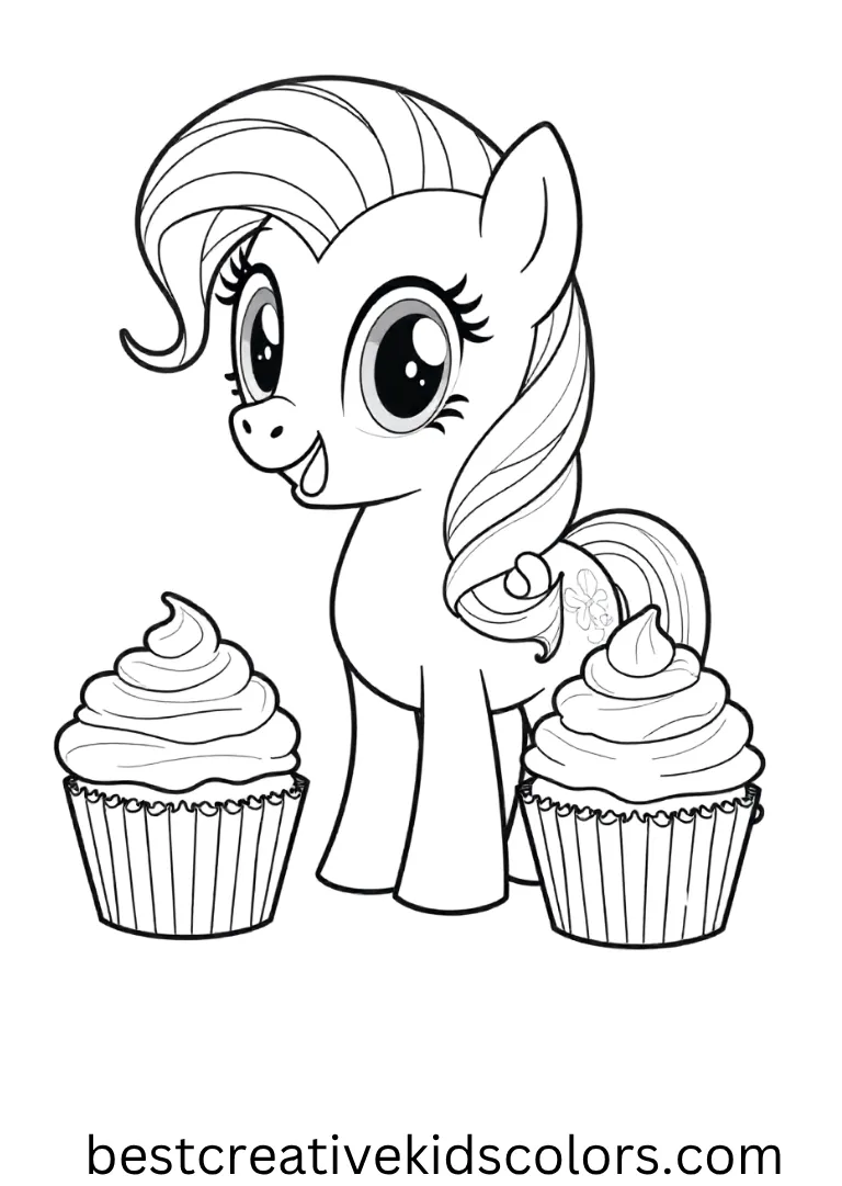 A playful pony enjoys cupcakes topped with sweet frosting!