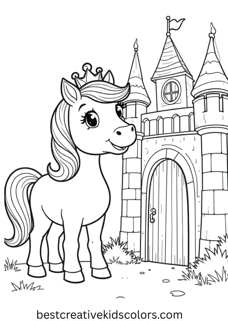 A pony stands proudly in front of a magical dream castle!
