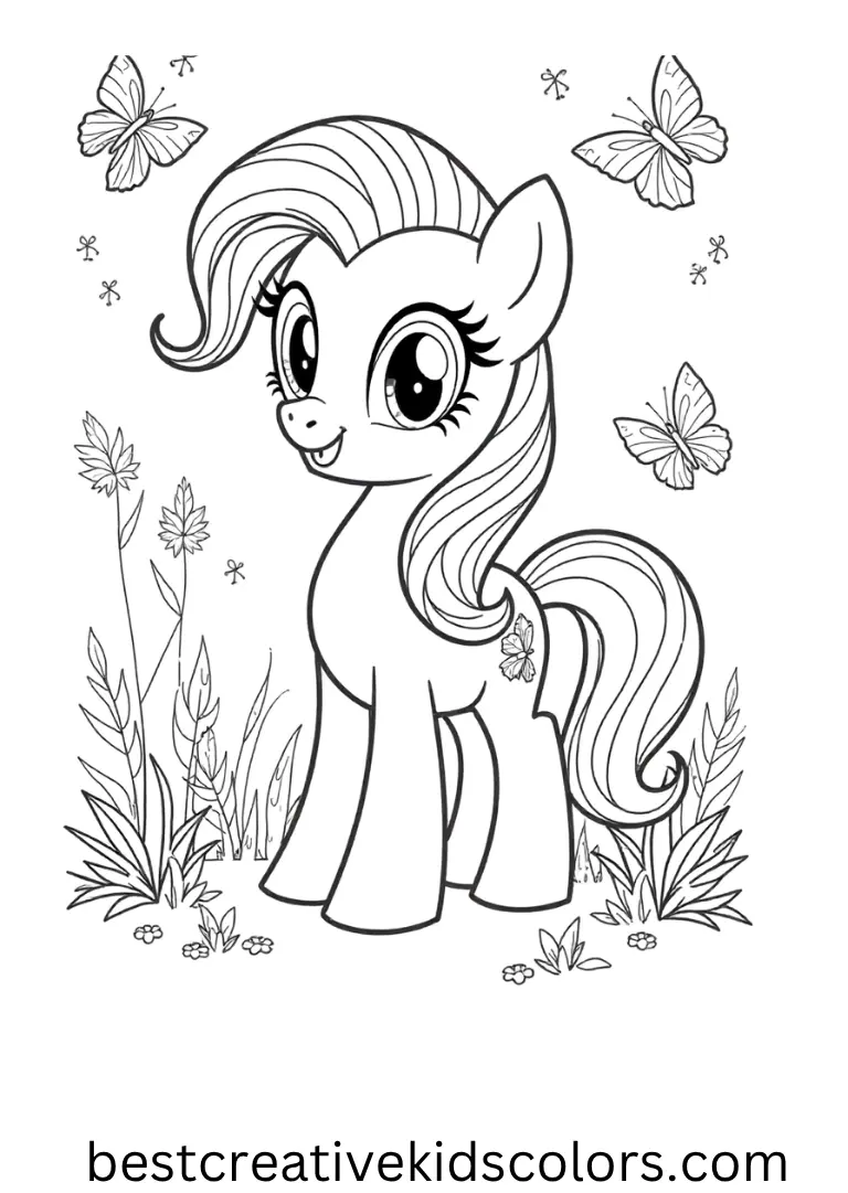 Fluttershy smiles gently with butterflies and forest critters around her!