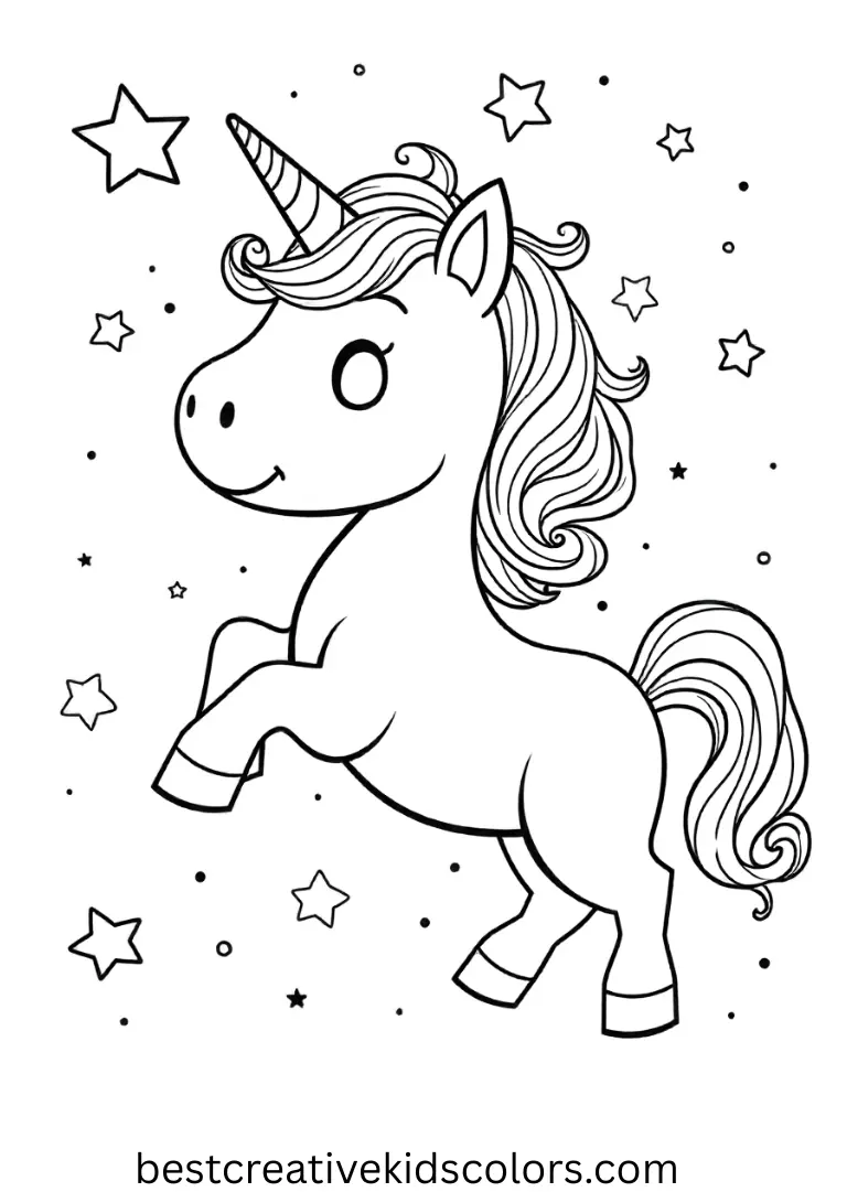 A unicorn plays with sparkling stars swirling around!