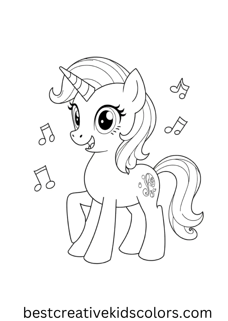 A musical pony plays instruments with cheerful notes flying!