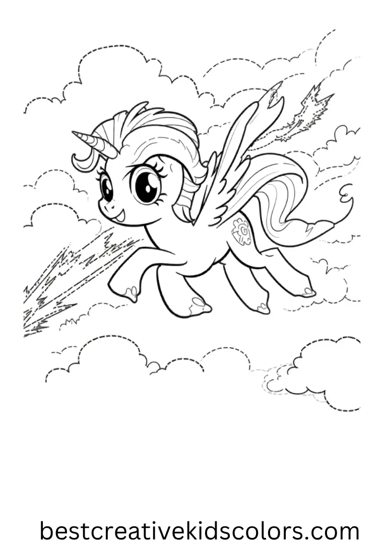 Rainbow Dash zooms through fluffy clouds with a lightning bolt trail!