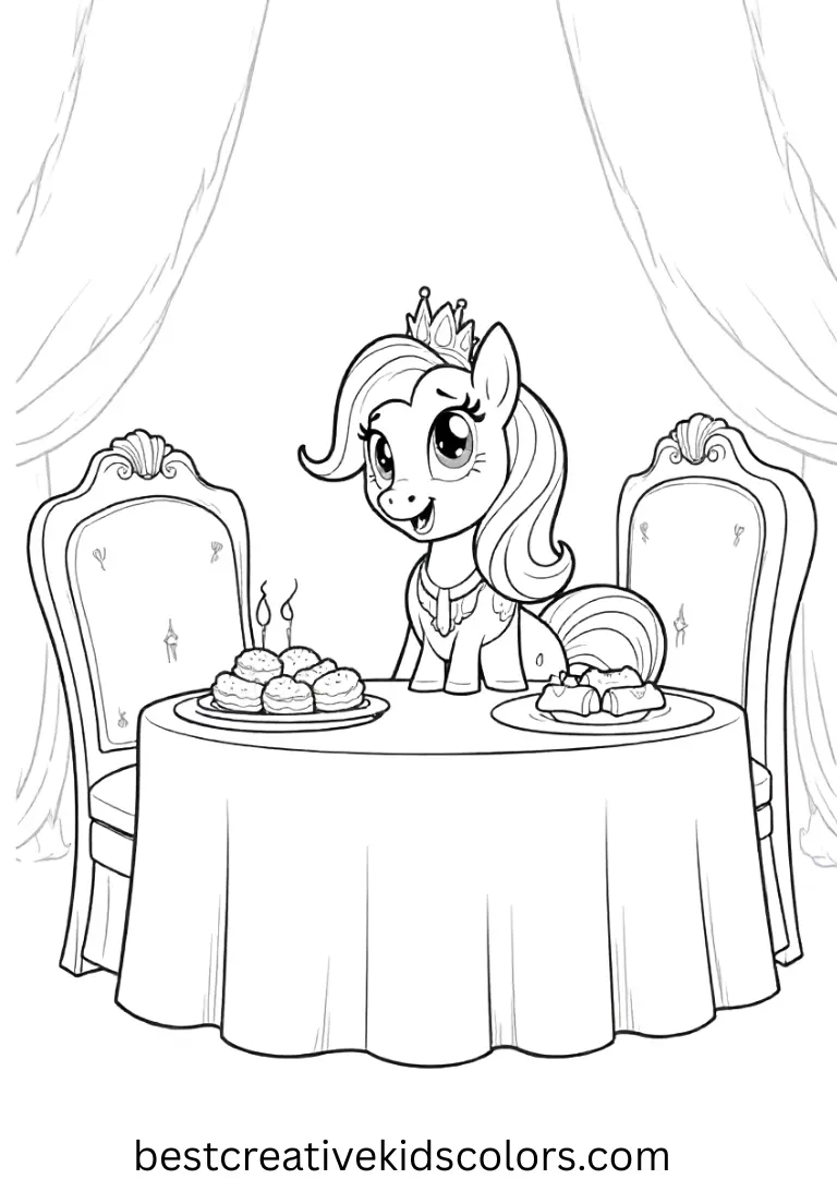 A pony sits at a royal table with delicious treats!