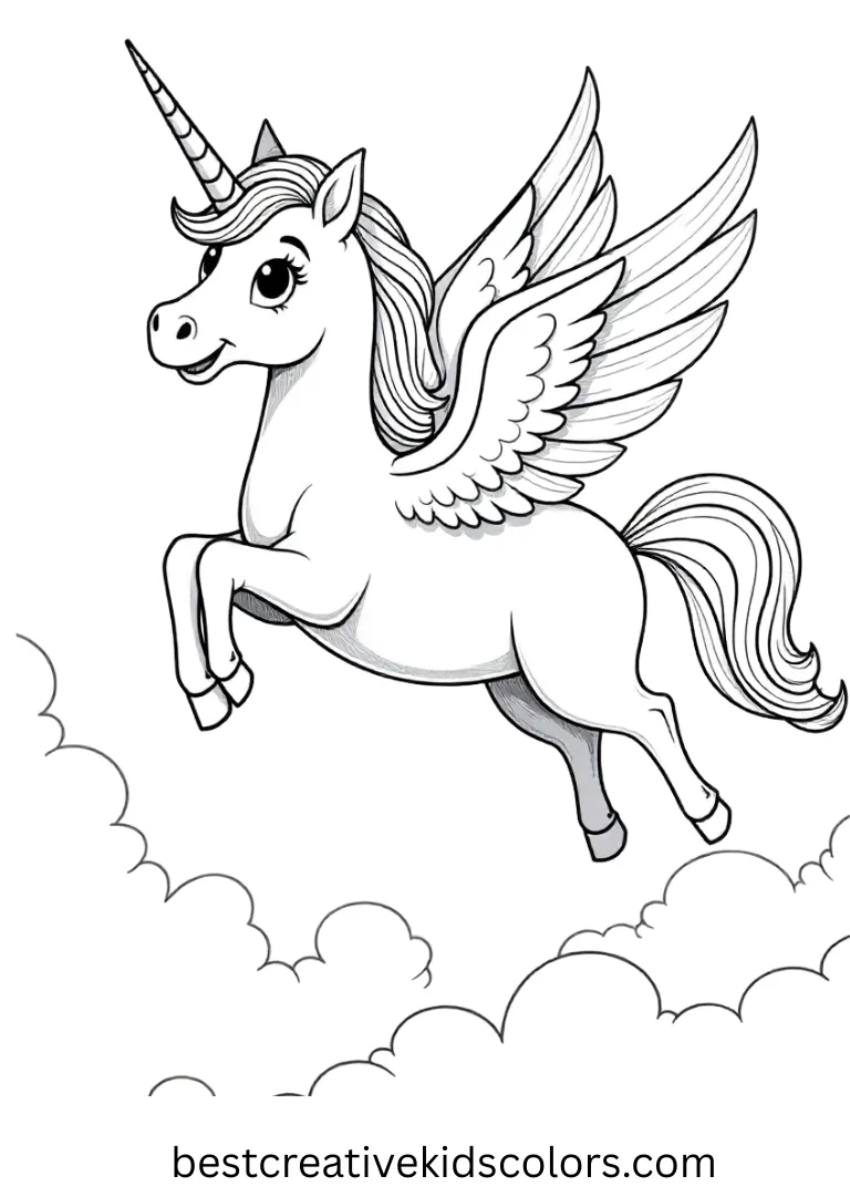 A regal pegasus flies with wings wide above the clouds!