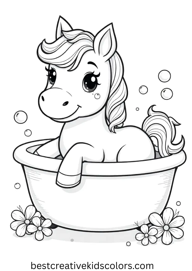 A relaxing pony enjoys beauty time with flowers and bubbles!