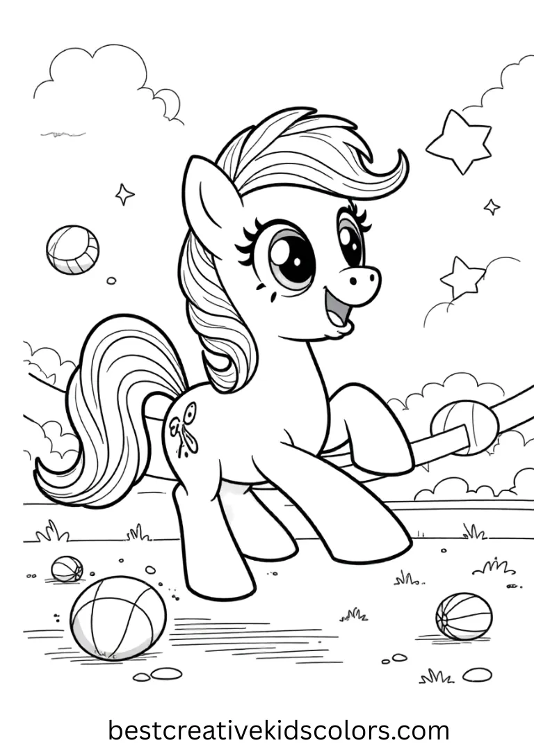 A pony runs happily with balls and racing ribbons around!
