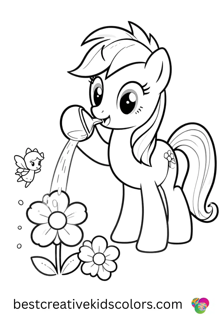 My Little Pony Sunny waters sparkling flowers in a magical garden with tiny fairies.