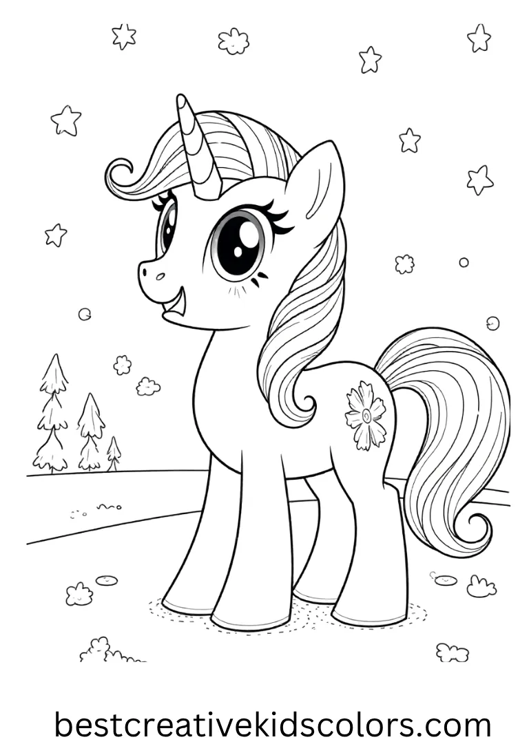 A pony enjoys snowflakes falling in a chilly winter scene!