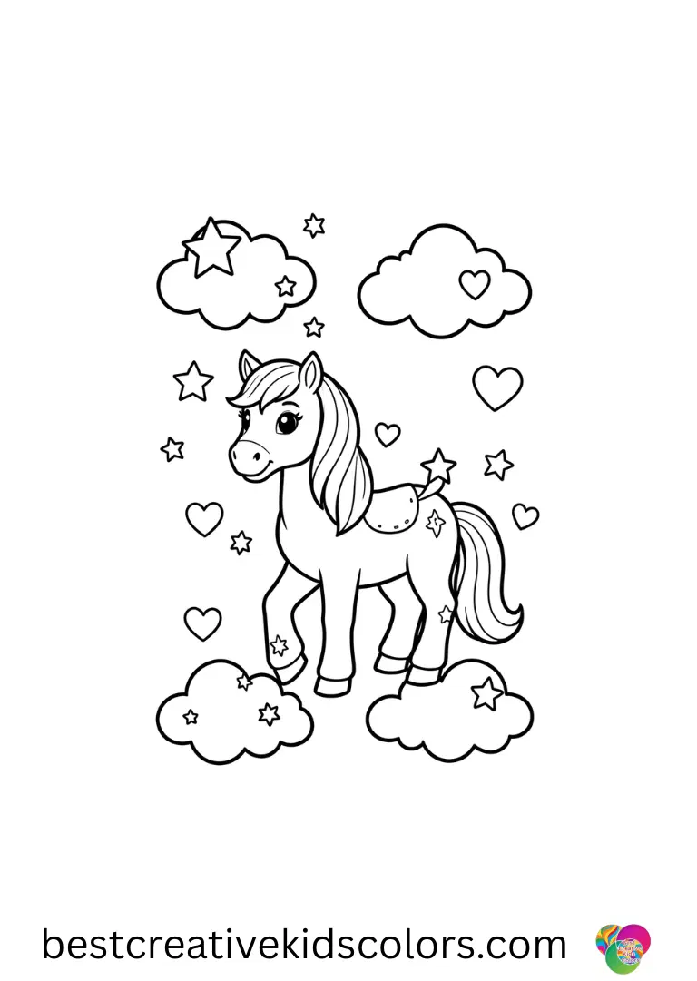 My Little Pony drawing Easy features a pony decorating simple clouds with stars and hearts.