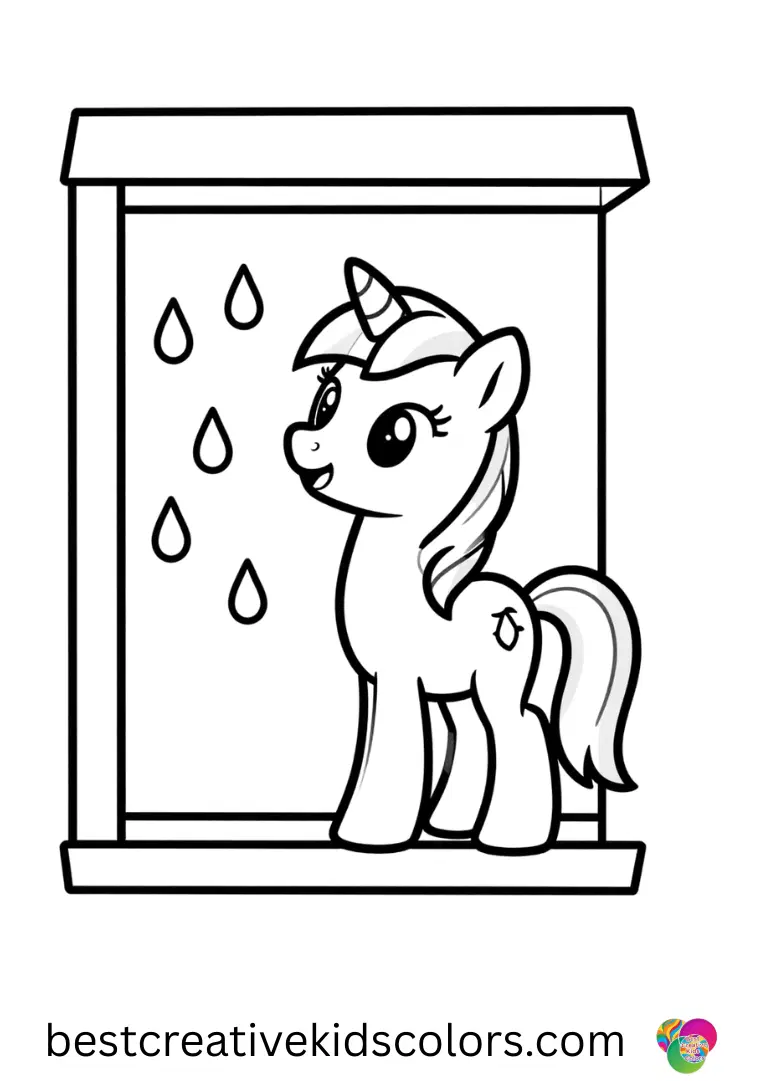 A pony quietly counts raindrops on a window in My Little Pony printable.