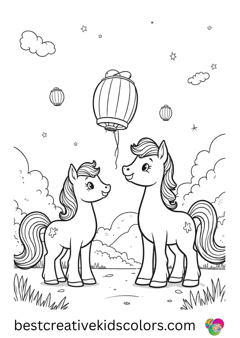 Ponies create floating lanterns at night in My little pony color by magic free download.