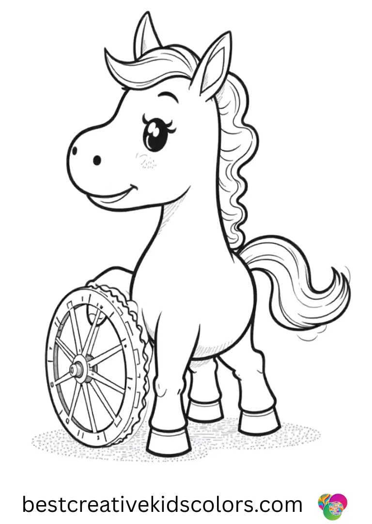 A pony rolls a paper wheel in My little pony coloring pages printable pdf with neat lines.