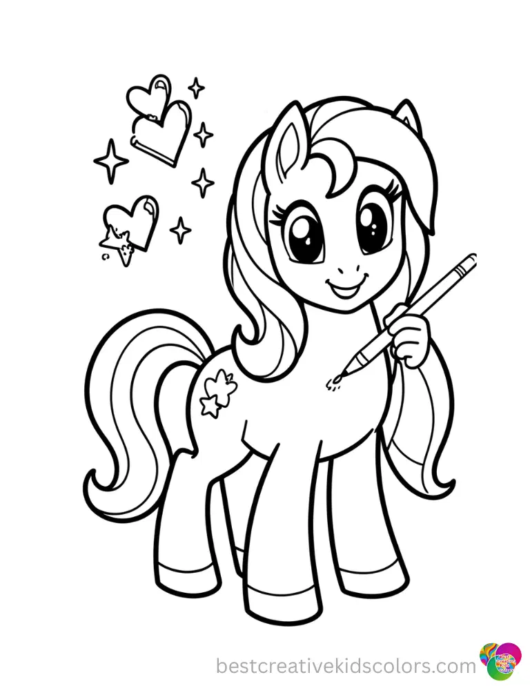 A happy pony paints hearts and sparkles in My little pony friendship is magic coloring book pdf.